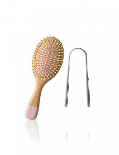 Cepillo de bambu ecologico para cabello con limpiador de lengua de acero inxodibable