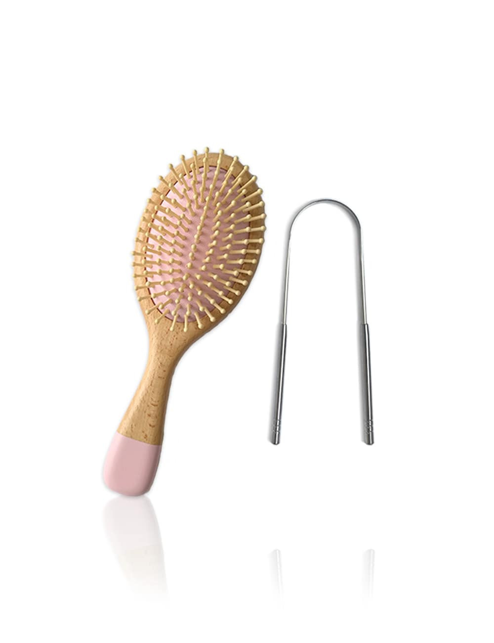 Cepillo de bambu ecologico para cabello con limpiador de lengua de acero inxodibable