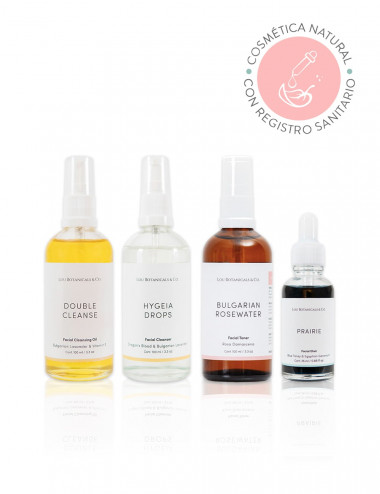 Pack de inicio con aceite limpiador jabon liquido tonico hidratante y serum humectante natural