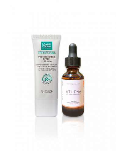 Protector bloqueador solar natural Proteos y serum facial de vitamina C Athena con sacha inchi aguaje y moringa