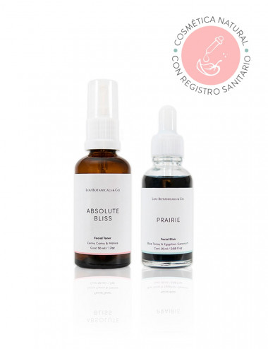 Tonico astringente Absolute Bliss con camu tara matico y agua de rosas de Bulgaria y serum humectante natural y organico Prairie