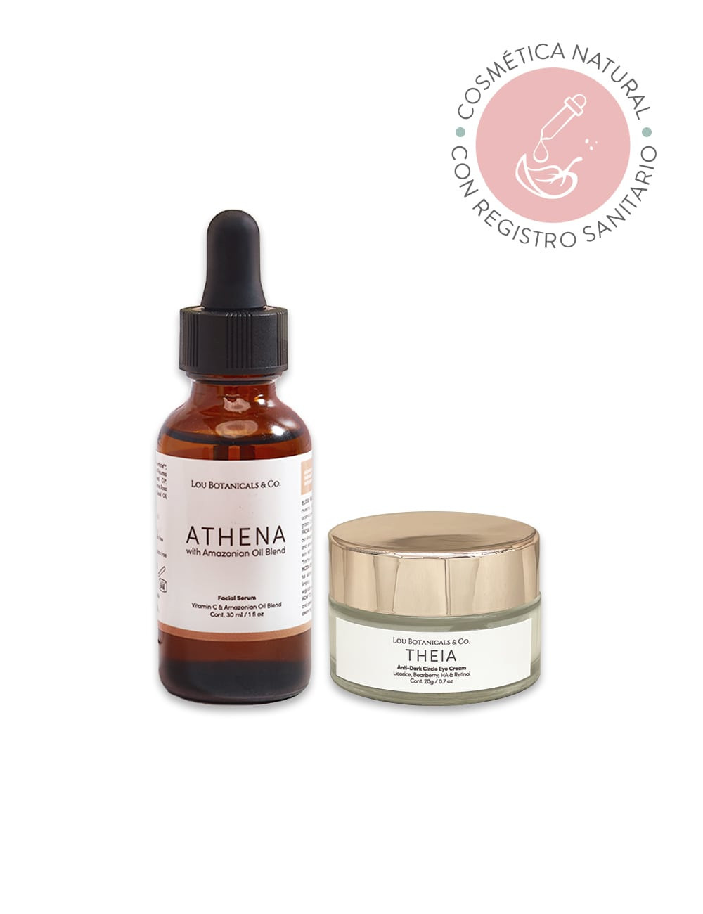 Pack serum facial antioxidante de vitamina C Athena y contorno de ojos natural y organico Theia con acido hialuronico y retinol