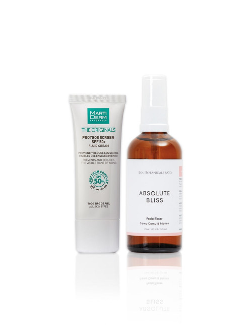 Protector bloqueador solar natural Proteos y tonico astringente Absolute Bliss de camu camu tara y matico de 100 ml