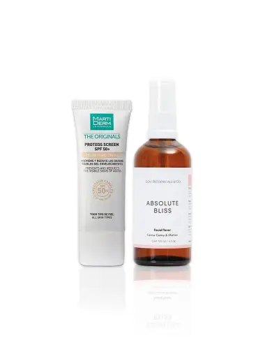 Protector bloqueador solar natural Proteos con color y tonico astringente Absolute Bliss de camu camu tara y matico de 100 ml