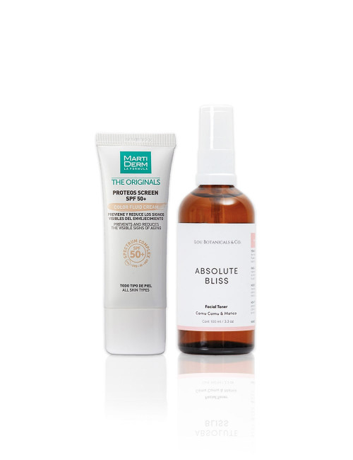 Protector bloqueador solar natural Proteos con color y tonico astringente Absolute Bliss de camu camu tara y matico de 100 ml