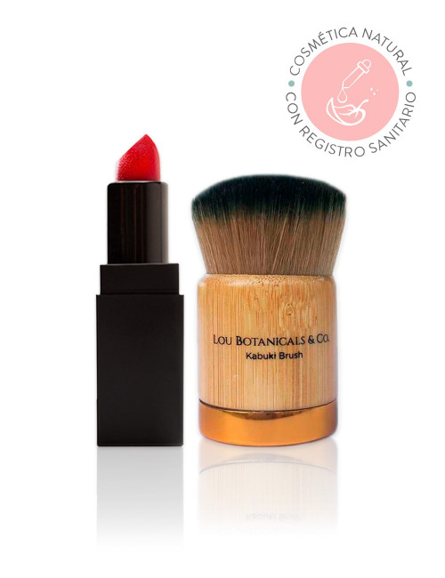 Labial rojo natural con brocha de bambu ecologico para maquillaje natural rubor base o polvos Kabuki Brush
