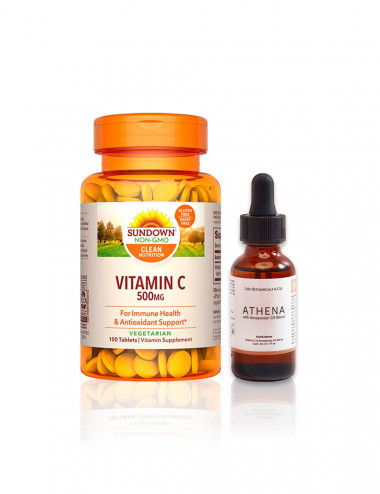 Tabletas Sundown y serum facial de vitamina C natural y organico con Sacha Inchi, Aguaje Buriti y Moringa
