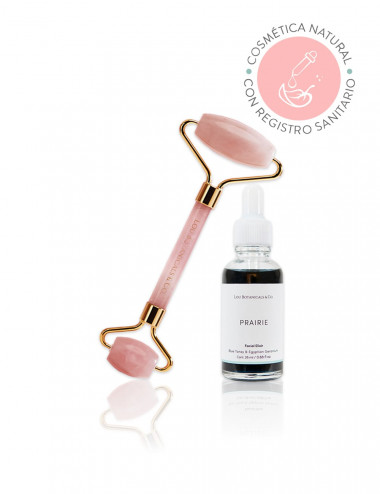 Serum humectante natural y organico Prairie y rodillo de cuarzo rosado para masaje facial