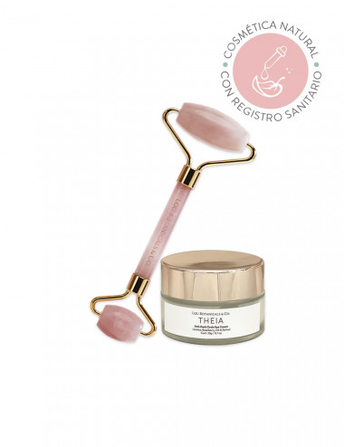 Rodillo de cuarzo rosado para masaje facial con crema contorno de ojos natural y organico Theia con acido hialuronico y retinol