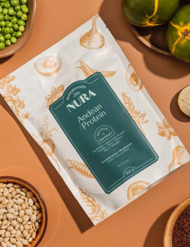 Andean Protein con proteina fibra fosforo hierro potasio y calcio de alverja sacha inchi lucuma quinoa maca y algarrobina