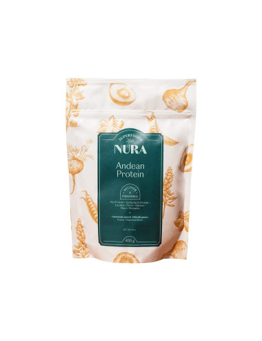 Andean Protein con proteina fibra fosforo hierro potasio y calcio de alverja sacha inchi lucuma quinoa maca y algarrobina