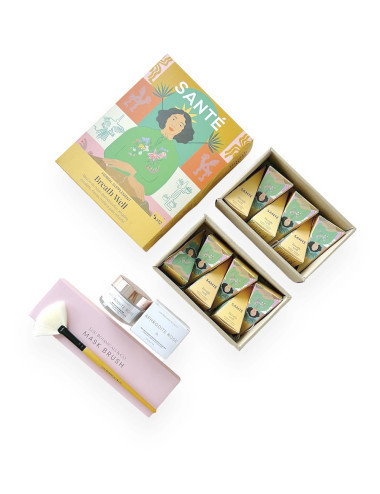 Pack con mascarilla exfoliante facial brocha de bambu y te infusion expectorante descongestionante