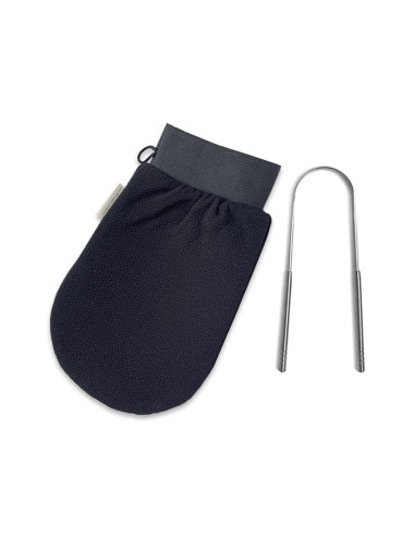 Guante exfoliante para limpieza y exfoliacion corporal de bano negro con limpiador de lengua de acero inoxidable