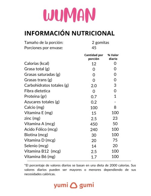 YUMI GUMI Wuman Gomitas con vitamina A, D y B, junto con calcio, selenio ,zinc , biotina y ácido fólico 90 unidades